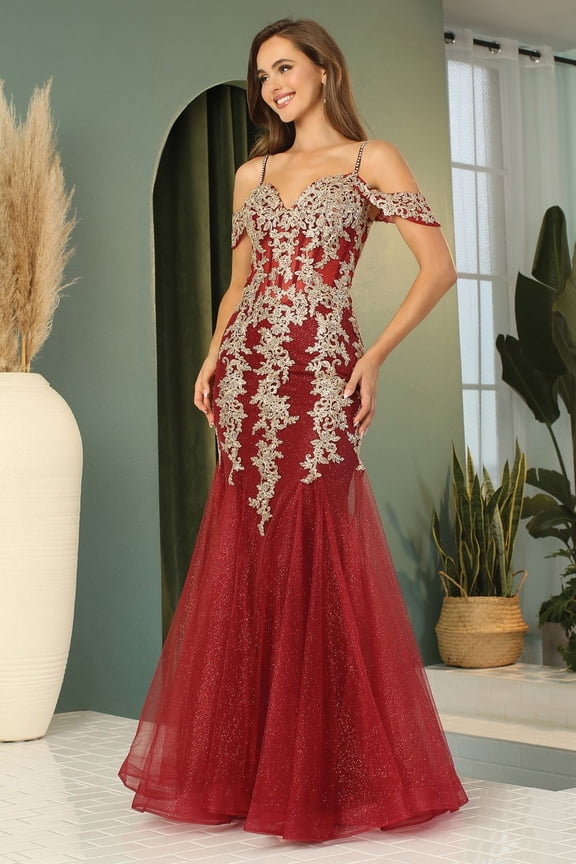 Women's Adora Design 3156 Off Shoulder Glitter Applique Mermaid Prom 2026 Dress Burgundy And Gold Size S Burgundy/gold