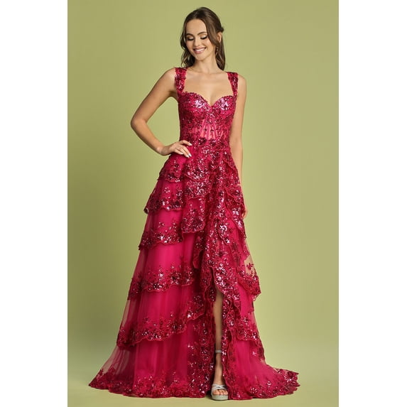 Women's Adora Design 3174 Tiered A-line Sequin Applique Formal Prom 2026 Gown Fuchsia Pink Size XL