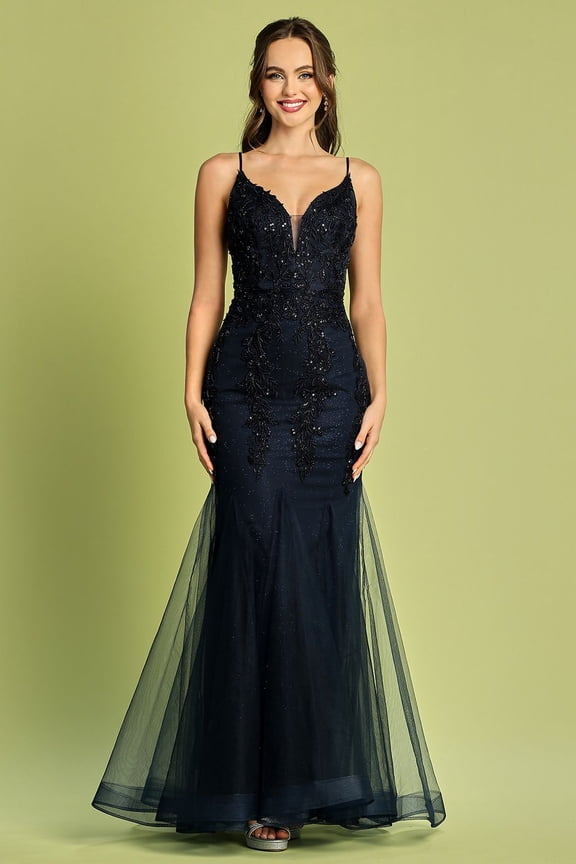 Women's Adora Design 3183 Spaghetti Strap Fitted Bodycon Long Formal Prom 2026 Gown Navy Blue Size 2XL