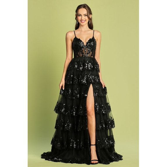 Women's Adora Design 3218 Sequin Ruffle A-line Slit Formal Prom 2026 Gown Black Size S