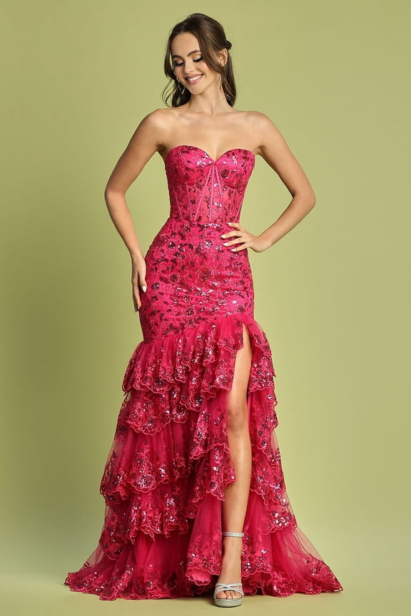 Women's Adora Design 3222 Strapless Applique Tiered Long Formal Gown Fuchsia Pink Size S