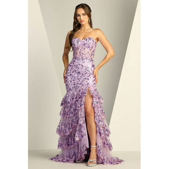 Women's Adora Design 3222 Strapless Applique Tiered Long Formal Gown Lavender Size 2XL