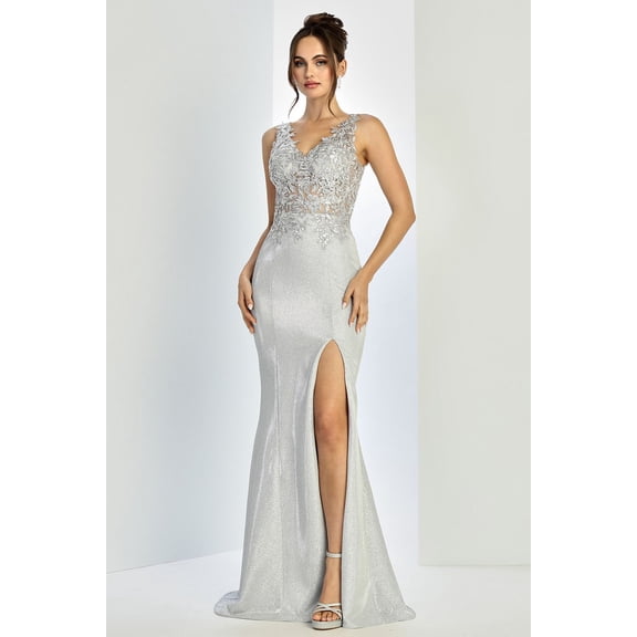 Women's Adora Design 3230 Long Glitter Satin Fitted Bodycon Formal Prom 2026 Gown Silver Size XS