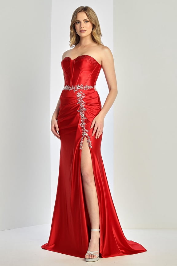 Women's Adora Design 3246 Strapless Beaded Corset Slit Formal Prom 2026 Dress Christmas New Year Holiday Red Size 20
