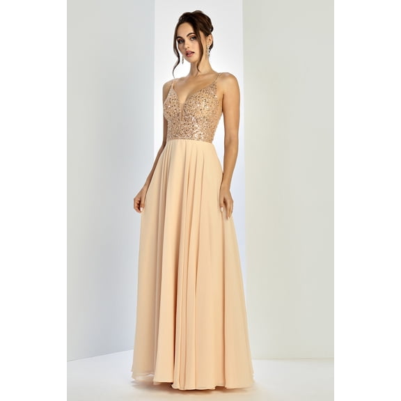 Women's Adora Design 3259 Sequin Chiffon Spaghetti Strap A-line Prom 2026 Dress Champagne Goldish Beige Size 16 New Year's Eve