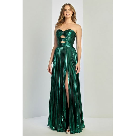 Women's Adora Design 3261 Strapless Metallic Pleated A-line Slit Prom 2026 Gown Emerald Green Size 10