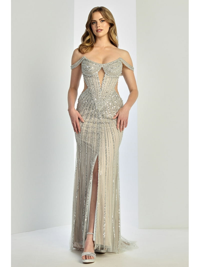 Women's Adora Design 3271 Long Fitted Bodycon Off Shoulder Sequin Formal  Dress Silversize 8 Silver Nude - Walmart.com