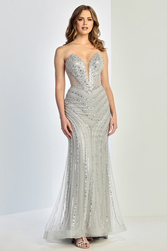 Women's Adora Design 3282 Strapless Beaded Tulle Fitted Bodycon Long Prom 2026 Dress Silver Size 14
