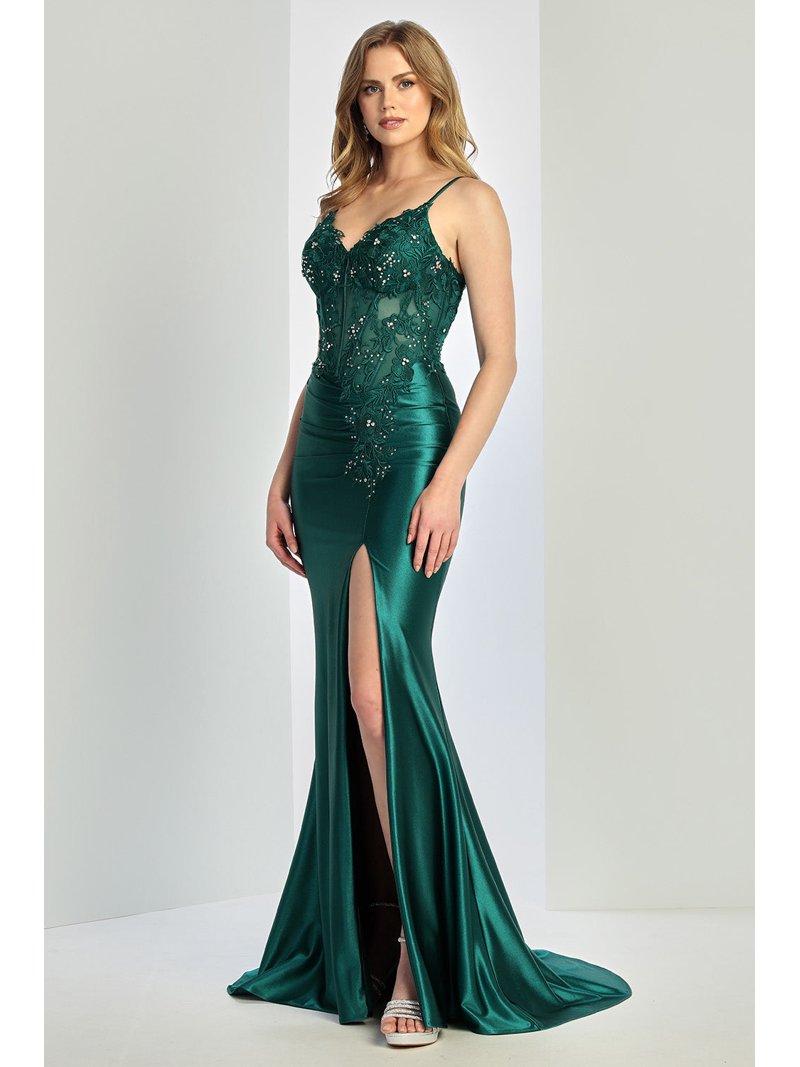 Women's Adora Design 3288 Lace Applique Fitted Bodycon Corset Slit Formal Prom 2026 Gown Emerald Green Size 8