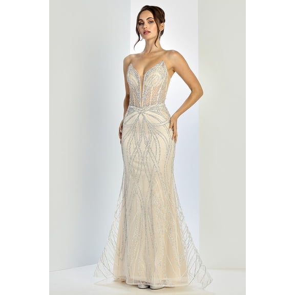 Women's Adora Design 3299 Strapless Beaded Fitted Bodycon Long Formal Prom 2026 Dress Silversize 14 Silver Nude