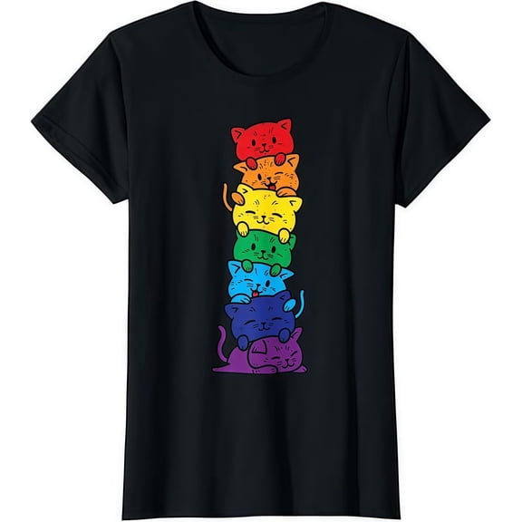 Women's Adorable Cat - Inspired "Rainbow Cat Stack" Graphic Tees with Feline and Rainbow Print T - shirts Comfortable Short Sleeve Shirts for Casual Hangouts or Pride - Themed Events
