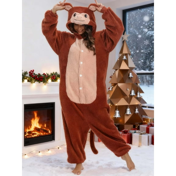 Women's Adorable Monkey Hooded Plush Contrast-Color Onesie Long-Sleeve Zippered Plush Warm Hooded Onesie Party Pajamas Costume Play Loungewear Perfect for Carnival, Halloween, Festival Costumes, Hall