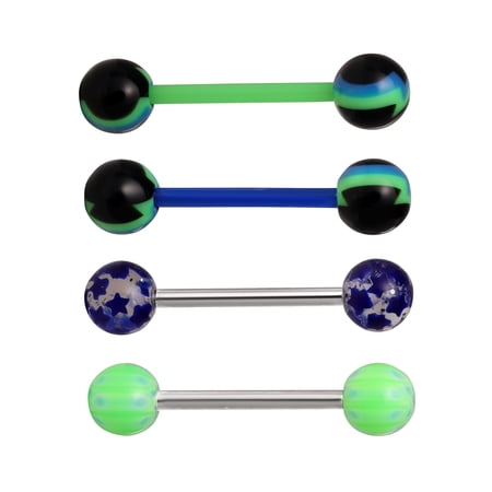 Women’s Stainless Steel 14 Gauge Assorted Barbell Tongue Rings, 4-Pack