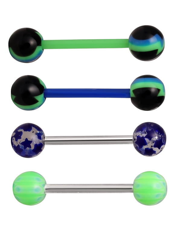 Womens Stainless Steel 14 Gauge Assorted Barbell Tongue Rings, 4-Pack