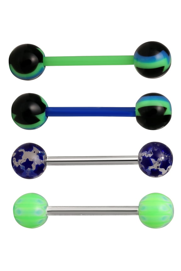 Women's Stainless Steel 14 Gauge Assorted Barbell Tongue Rings, 4 Pack