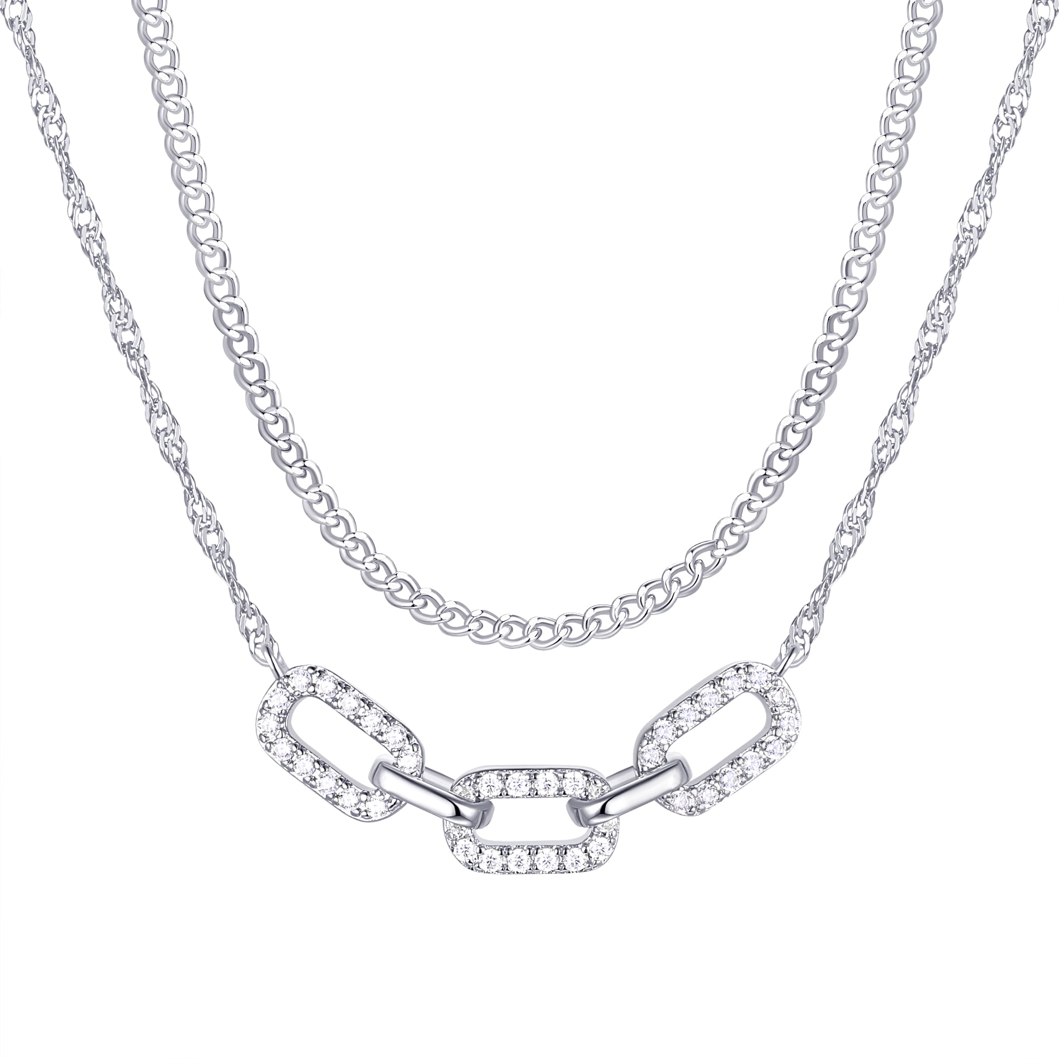 Women's Adult Fine Silver Plated Link Double Necklace Set with Simulated Diamonds