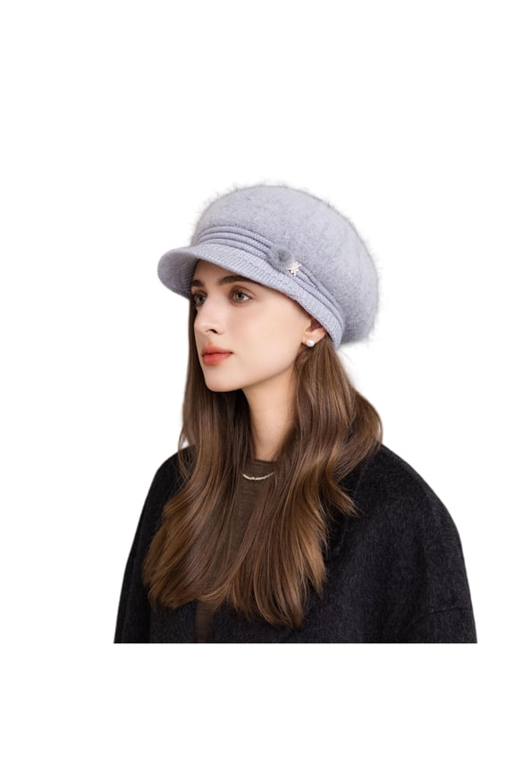 Women's Adult Fuzzy Knitted Newsboy Cap with Visor Winter Warm Rabbit Hair Texture Hat Plush Lined Baker Boy Cabbie Hat for Outdoor Travel Everyday Casual Apparel