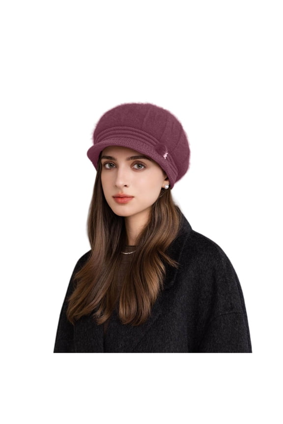 Women's Adult Fuzzy Knitted Newsboy Cap with Visor Winter Warm Rabbit Hair Texture Hat Plush Lined Baker Boy Cabbie Hat for Outdoor Travel Everyday Casual Apparel