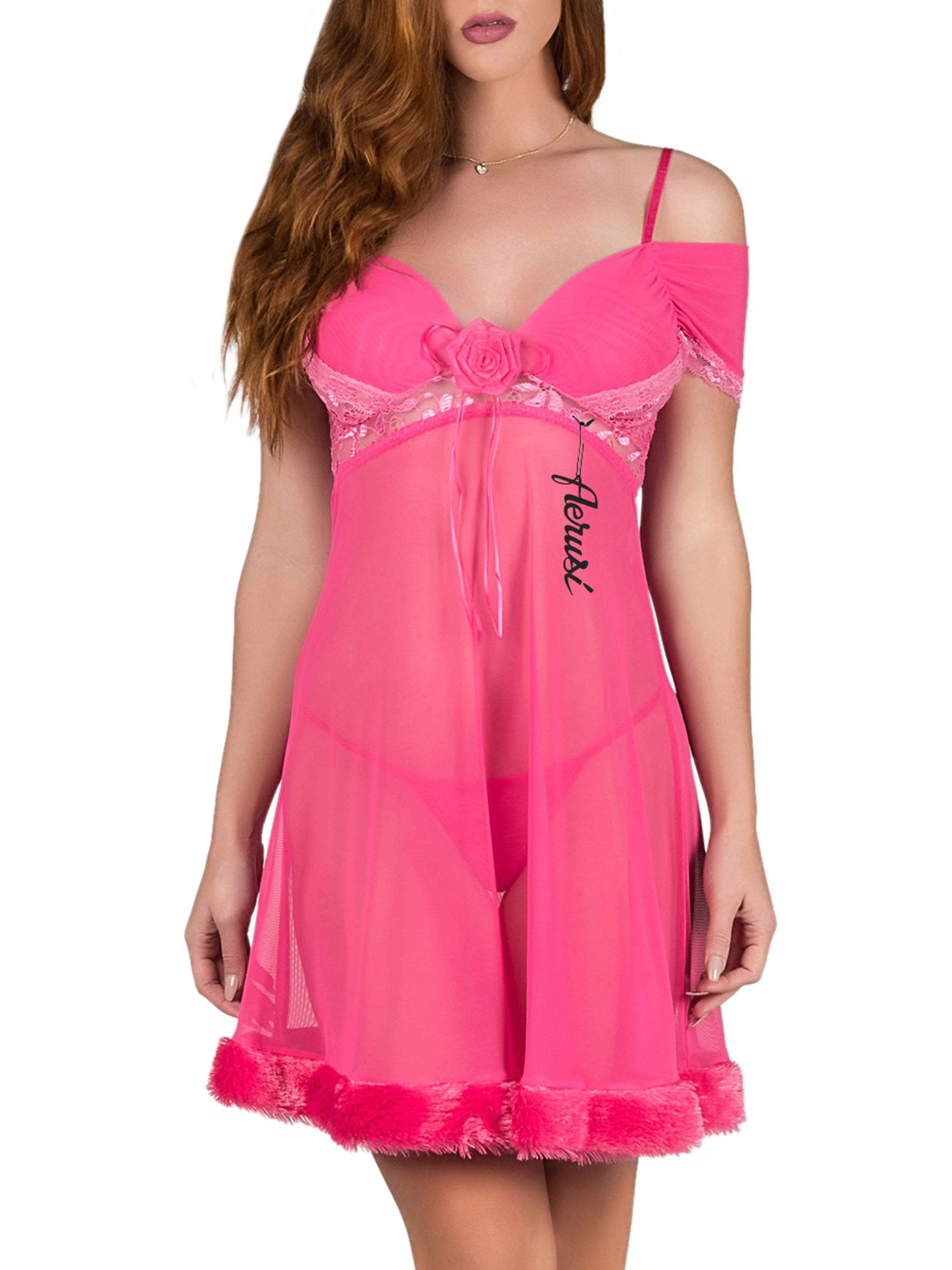 Women's Adult Lingerie Night Wear Fur Trim Ruched Chemise with G-String Thong