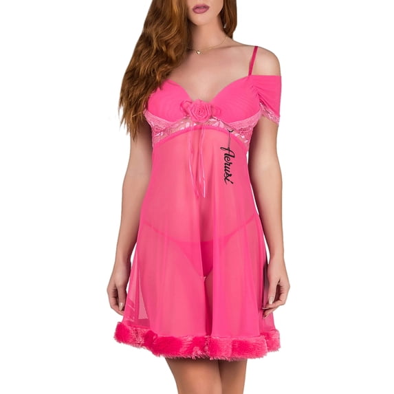 Women's Adult Lingerie Night Wear Fur Trim Ruched Chemise with G-String Thong
