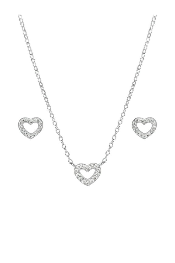 Women's Adult Sterling Silver Cubic Zirconia Heart Pendant and Earring Set, 18" Chain
