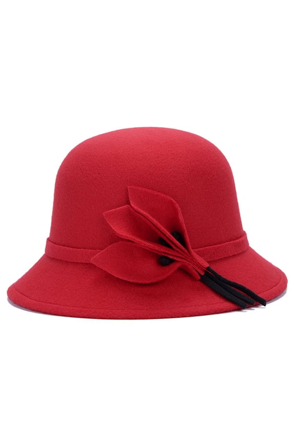 Women's Adult Vintage Woolen Basin Hat Warm Winter Cloche Cap with Leaf Applique Decor Elegant Fashion Headwear for Outdoor Travel Everyday Casual Apparel