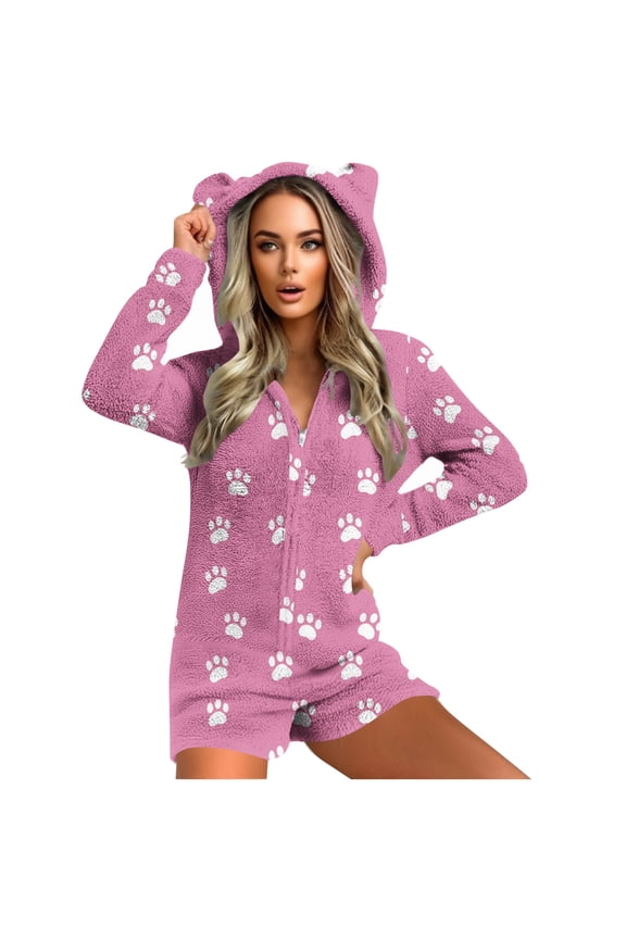 Women's Adults Romper Shorts Pajamas Sherpa Fleece Plush Jumpsuit Hooded Fuzzy Romper Zip Bear Sleepwear Playsuit