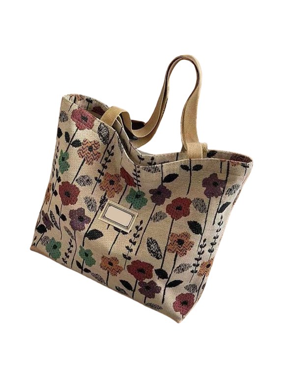 Women's Aesthetic Canvas Toted Bag Reusable Grocery Cloth Bag Trendy Shoulder Bags Purses with Floral Pattern