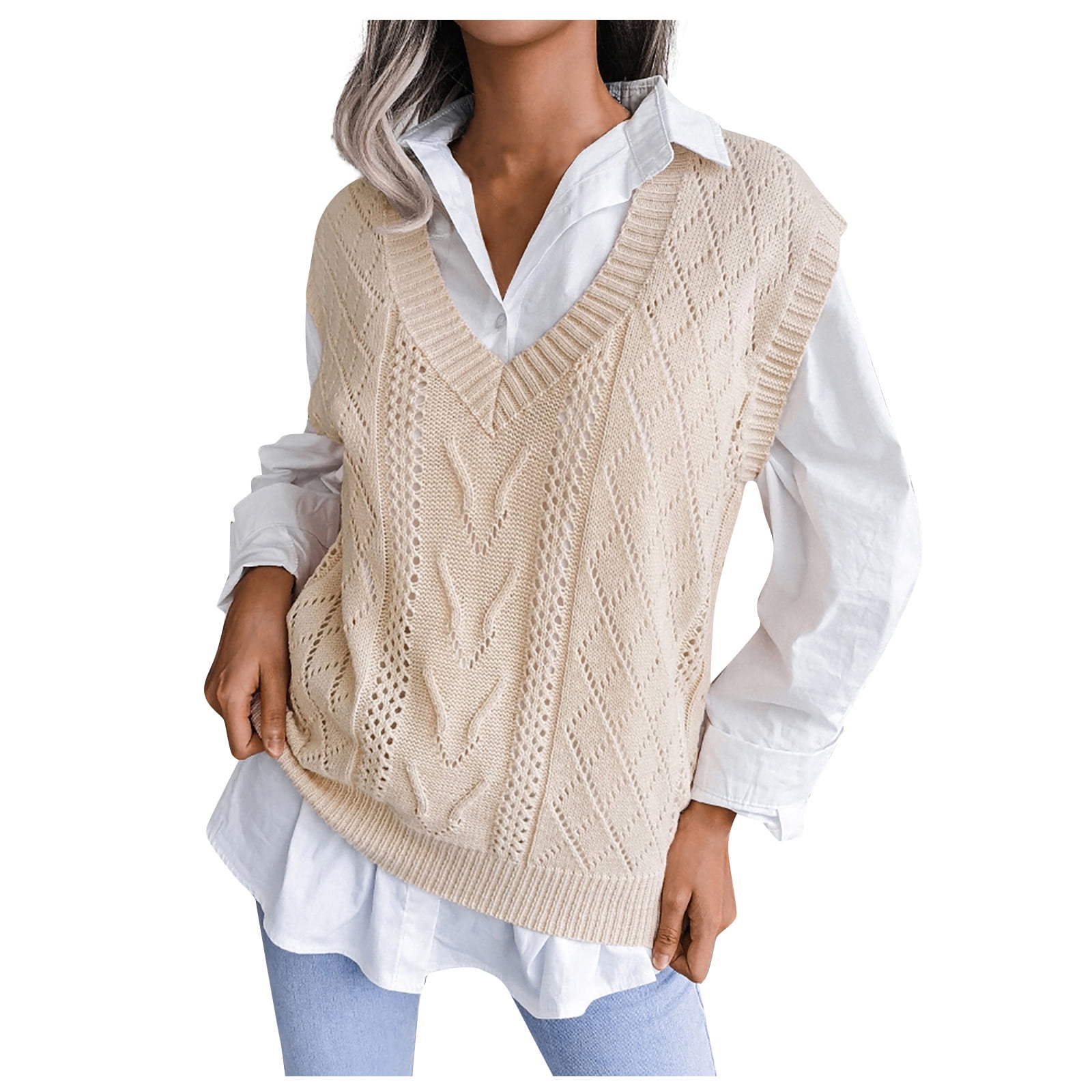 Women's Aesthetic Clothes V-Neck Casual Loose Knit Sweater Vest Vests ...