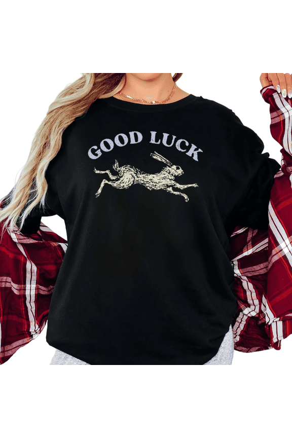 Women's Aesthetic Good Luck Leaping Hare Graphic Breathable T Shirt Casual Short Sleeve Round Neck Top Black S-5XL