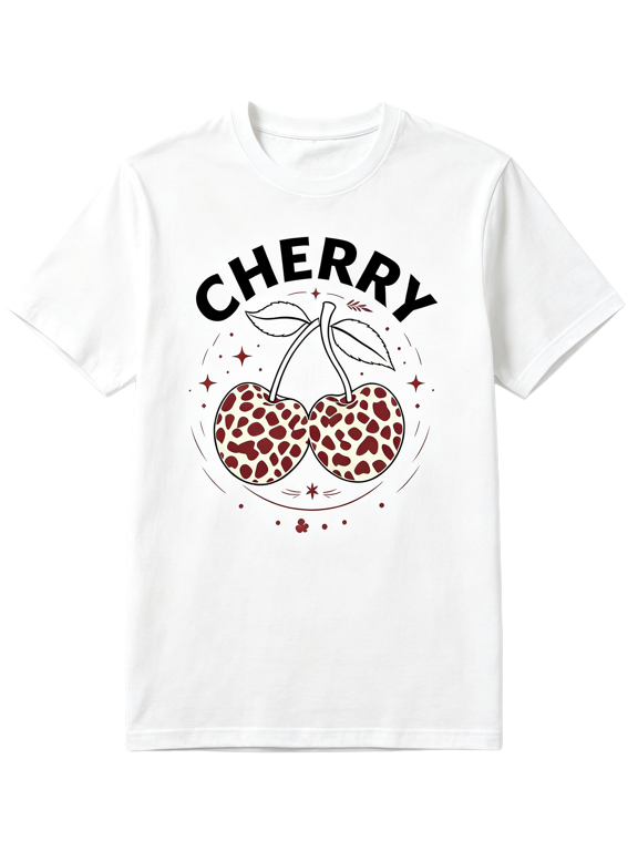 Women’s Aesthetic Leopard Cherry Graphic Tee, Classic CHERRY Letter Print Soft Comfortable All Seasons Casual Short Sleeve T Shirt