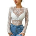 thumbnail image 1 of Women's Aesthetic Sheer Mesh Long Sleeve Mock Neck Fitted Pullover Top See Through Flower Lace T-Shirt Blouse Clubwear, 1 of 14