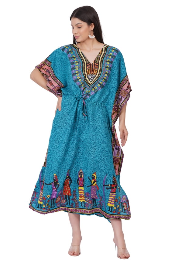 Women's African Kaftan Dress Beach Cover Up Tribal Ethnic Print Plus Size Loose Kimono Maxi Dress