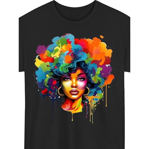 Women's Afro Art Graphic T-Shirt, Colorful Natural Hair Portrait Tee, Melanin Beauty Graphic Crew Neck Short Sleeve Cotton Shirt, Casual Fashion Gift for Women