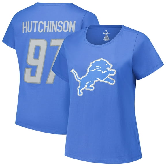Women's Aidan Hutchinson Blue Detroit Lions Plus Size Fair Catch Name & Number Scoop Neck T-Shirt