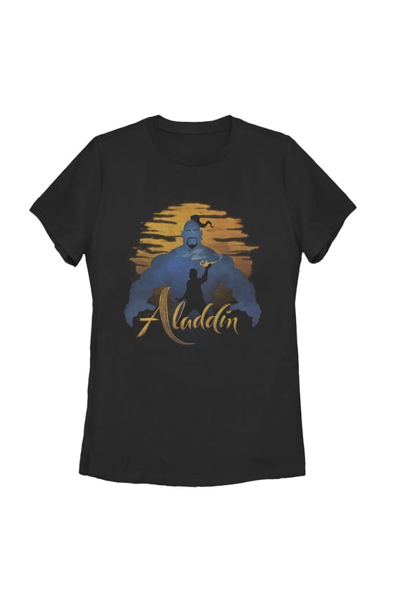 Women's Aladdin Genie Sunset Silhouette  Graphic Tee Black Medium