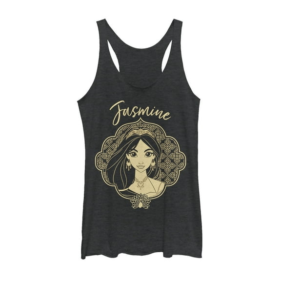 Women's Aladdin Jasmine Ornate Frame Racerback Tank Top Black Heather Large