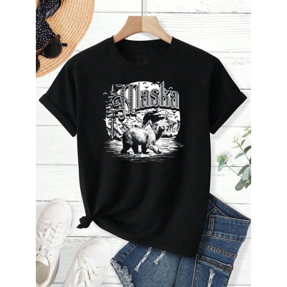 Women's Alaska Bear Mountain Scene Print Graphic T-Shirt, Soft Cotton Short Sleeve Tee