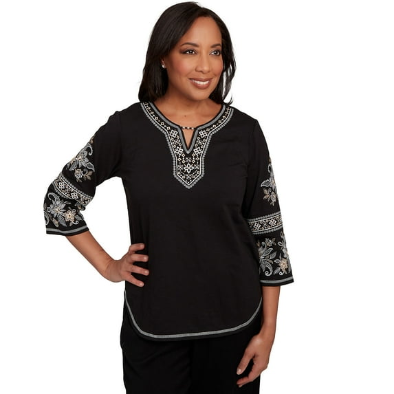 Alfred Dunner Womens Beaded Neck Embroidered Sleeve Top