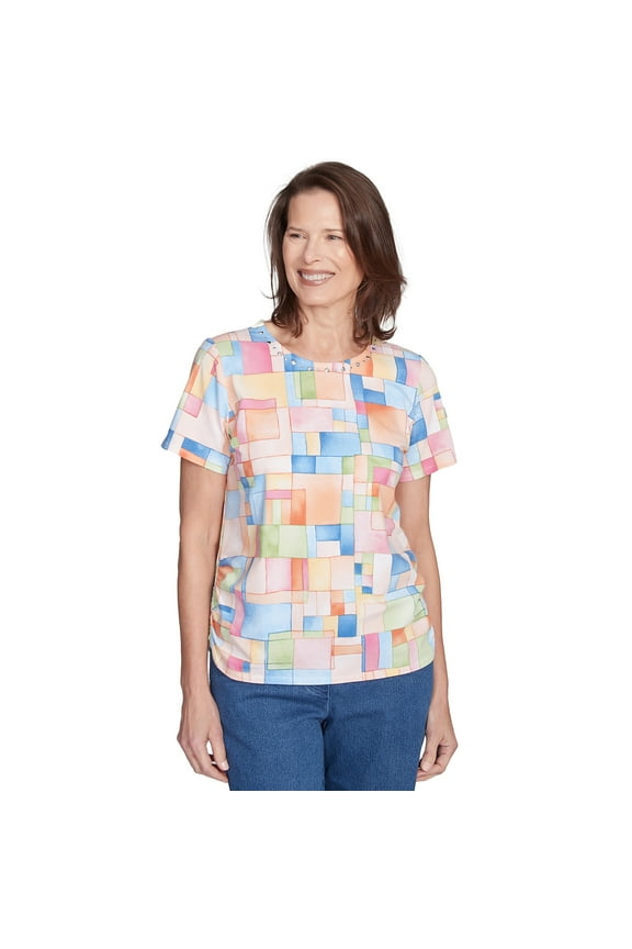 Womens Color Block Tile Top With Side Ruching