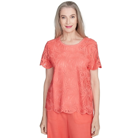 Alfred Dunner Womens Lace Trimmed Textured Tee