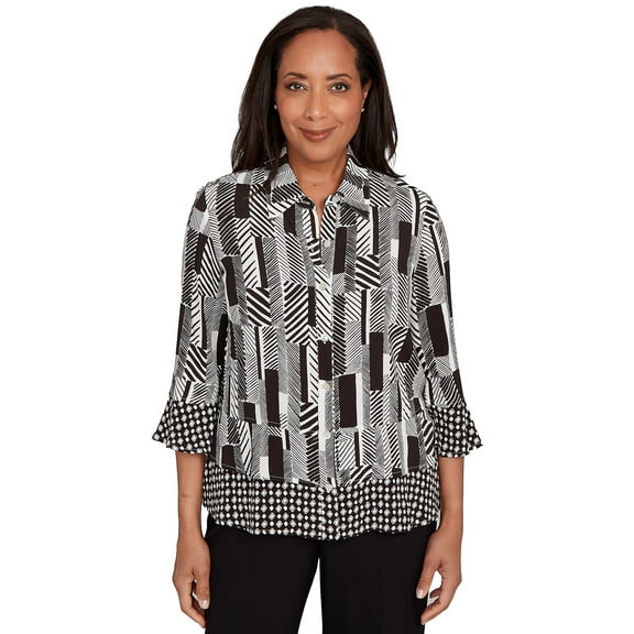 Alfred Dunner Womens Woven Zebra Button Front Top