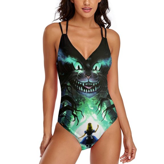 Women's Alice in Wonden-Lan Swimsuit One Piece Bathing Suit V Neck Tummy Control Sports Beach Swimwear