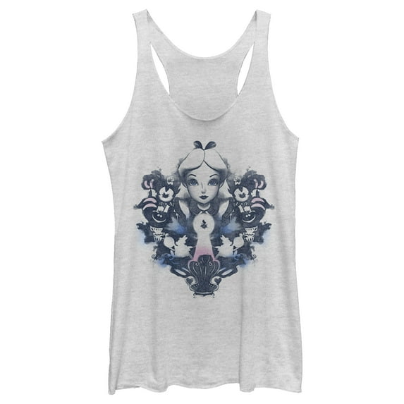 Women's Alice in Wonderland Distressed Ink Portrait Racerback Tank Top White Heather X Small