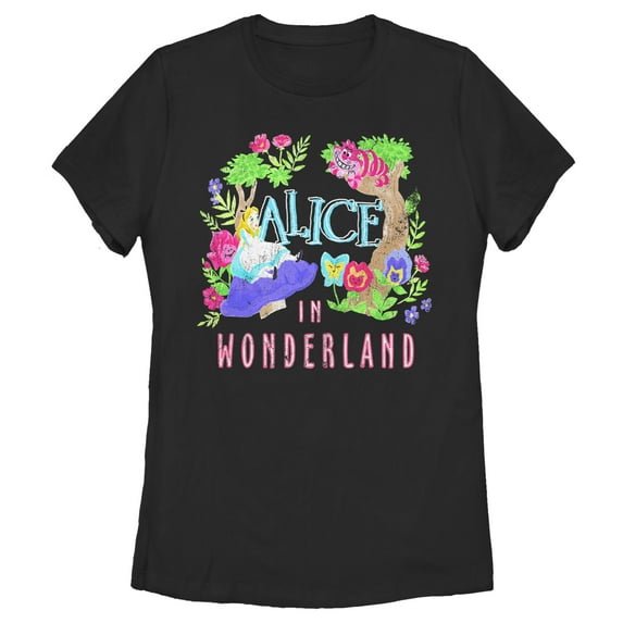 Women's Alice in Wonderland Distressed Tulgey Wood Crew Graphic Tee Black Small