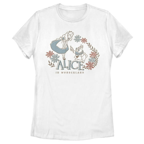 Women's Alice in Wonderland Floral Friends  Graphic Tee White Small