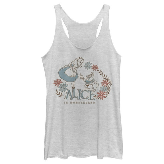 Women's Alice in Wonderland Floral Friends  Racerback Tank Top White Heather Medium