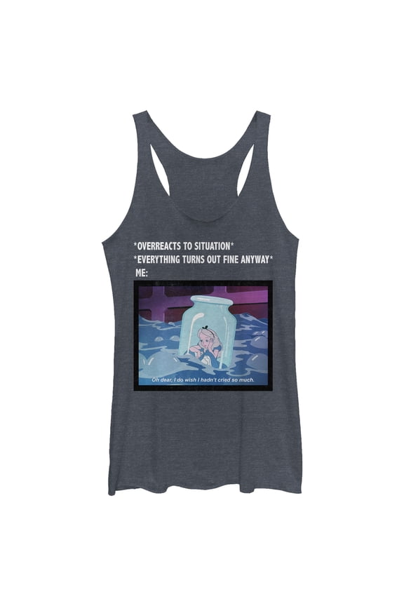Women's Alice in Wonderland Overreacting Meme Racerback Tank Top Navy Blue Heather Medium