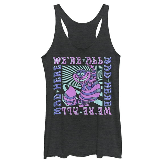 Women's Alice in Wonderland We're All Mad Here, Cheshire Cat Racerback Tank Top Black Heather Large
