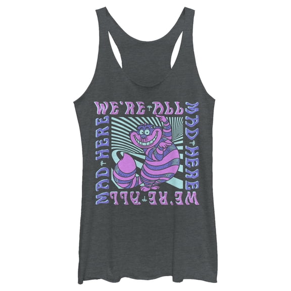 Women's Alice in Wonderland We're All Mad Here Trippy Racerback Tank Top Gray Heather 2X Large